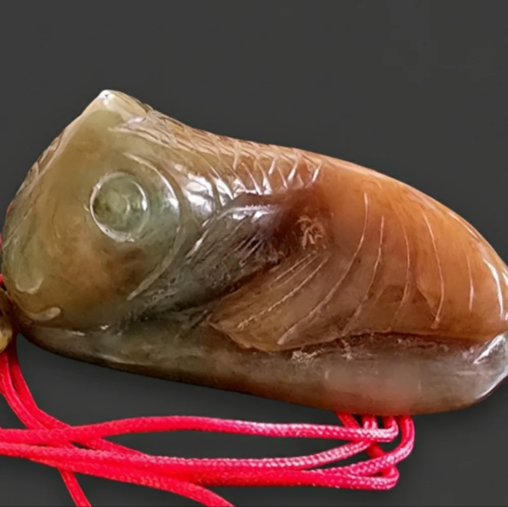 Chinese Carved Jade Stone Coyfish Pendant Necklace